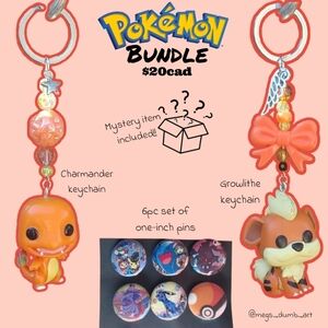 Charmander and Growlithe Keychain Set, Pins + Mystery Gift